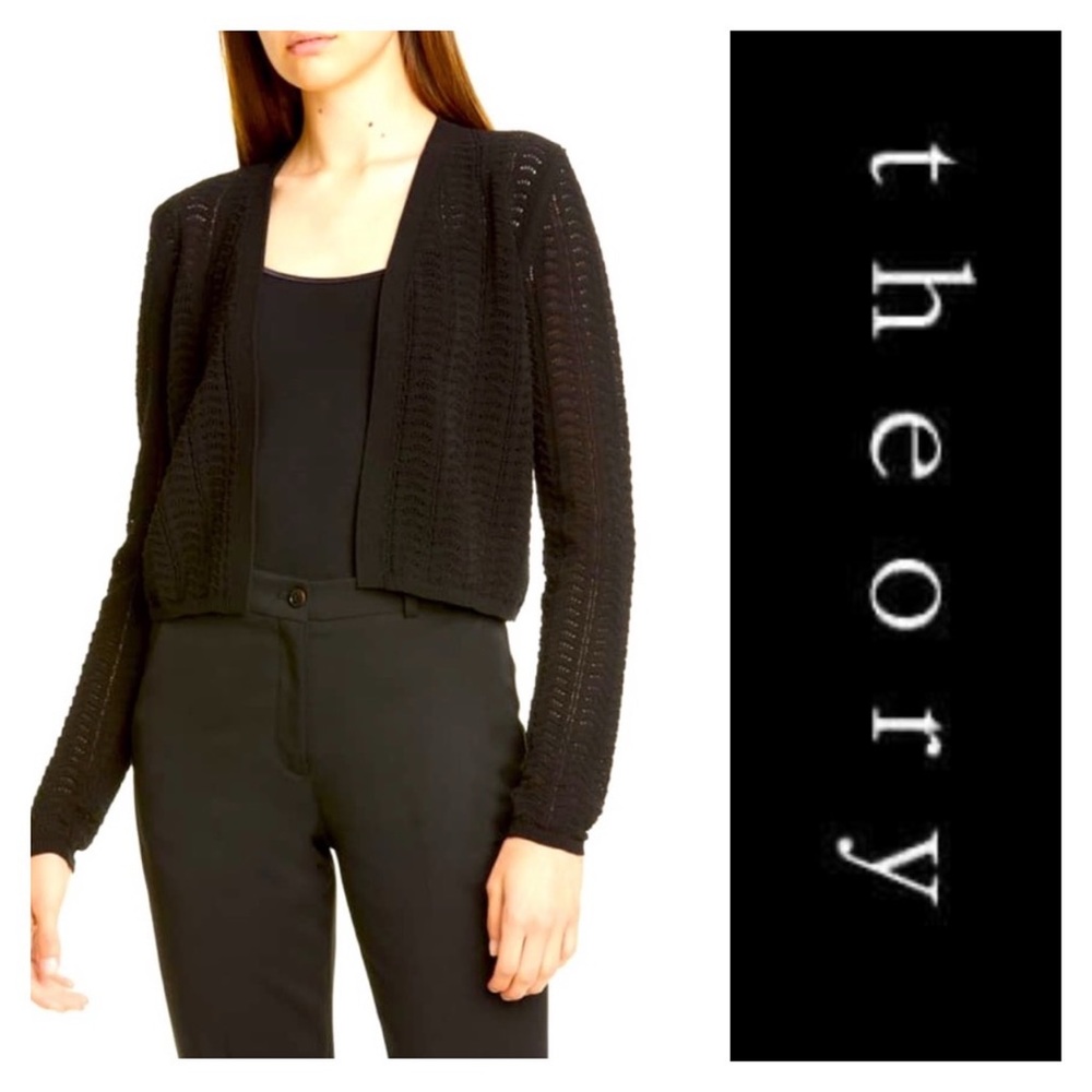 THEORY
Open-front Cropped Crochet Cardigan In Black. Size Medium 
$345 sold out